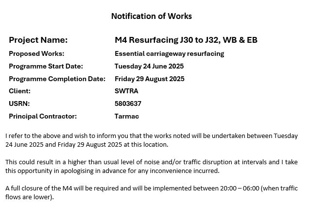 M4 road closure information 